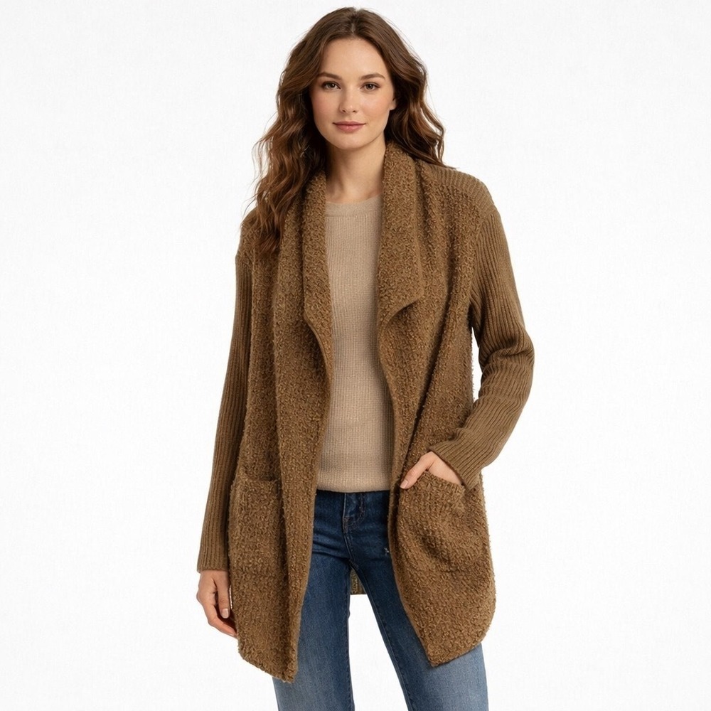 Altar'd‎ State Fuzzy Teddy Cardigan Women's Size Large Sweater Brown Camel Cozy